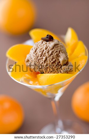 dessert of peaches and ice-cream