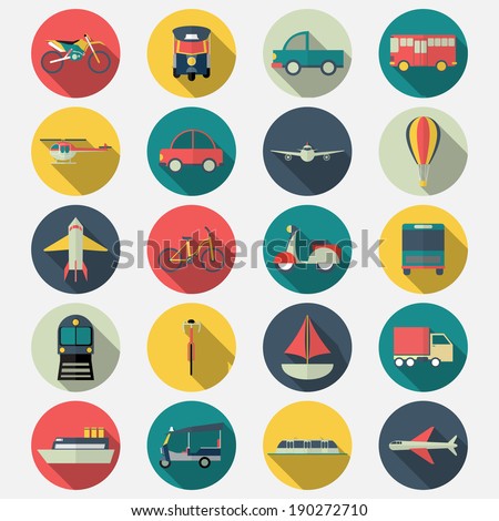 Transportation icons with long shadow effect in stylish