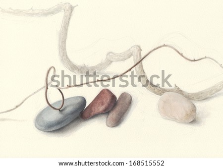 Stones and Vines Hand painted illustration of a group of multicolor stones and some twisted vines, against off-white background