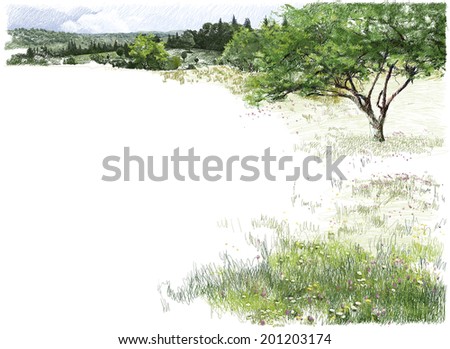 Summer Landscape Hand drawn background picturing an apple tree on a blooming meadow, and forest covered mountains at the horizon.