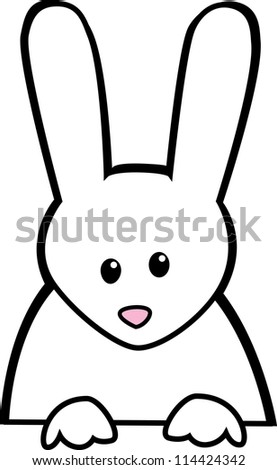 A torso of a white rabbit with paws that look as if it would hold something or hang over an edge.