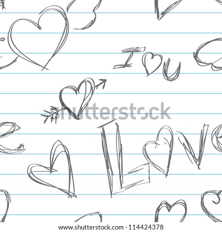 Doodles of hearts and love on a lined notebook style background.