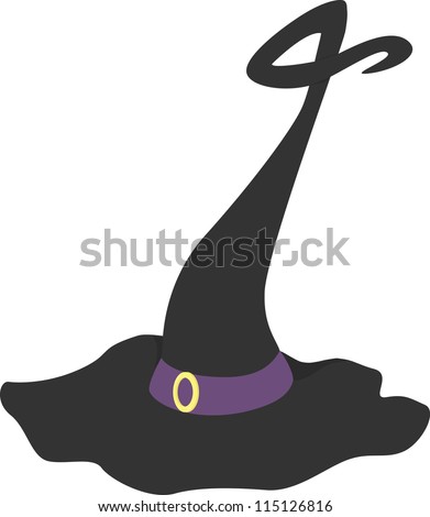 A fancy witches hat with a purple band and a  curlicue point.