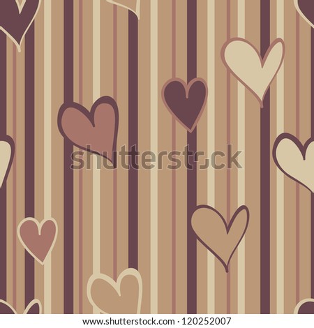 A pattern of warm brown hearts on a striped background.