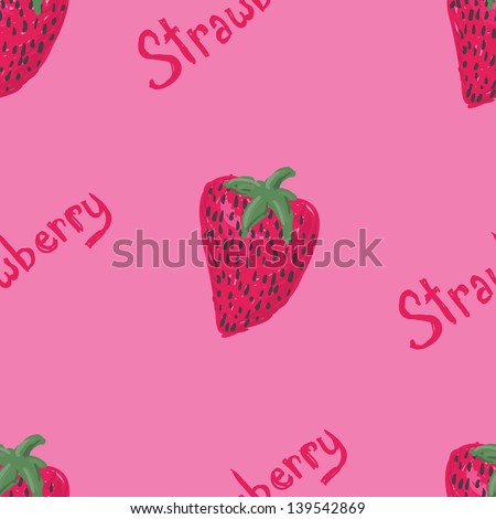 A seamless pattern of a sketched strawberry and the word strawberry.
