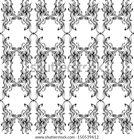 An ornate black and white seamless pattern with both sharp and curved points.