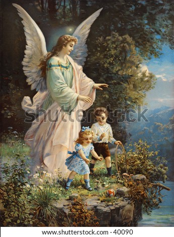 stock photo : Guardian angel protecting children near a ledge - an early 1900s vintage illustration