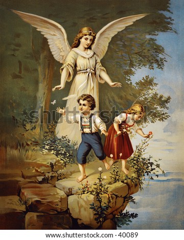 stock photo Guardian angel protecting children near a cliff an early 