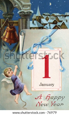  vintage Happy New Year greeting card illustration - (cherub ringing in