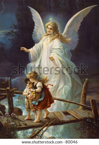 stock photo Vintage c1895 illustration of guardian angel protecting 