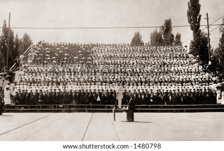 ''The Living Flag'' - about 1350 children dressed to illustrate 13 red and white stripes, and a blue field (holding white stars) -  a circa 1915 vintage photograph