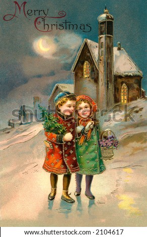 \'Merry Christmas\' - Children on a moon lit Christmas eve - a circa 1912 vintage greeting card illustration.
