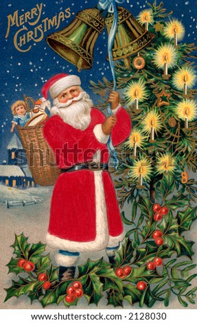 \'Merry Christmas\' - Santa Claus rings Christmas bells in the village - a circa 1908 vintage greeting card illustration.