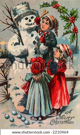 vintage christmas children images. stock photo : Children building a snowman - circa 1910 vintage greeting card 