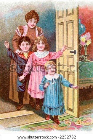 Children entering a room, excited and happy - a circa 1902 vintage illustration.