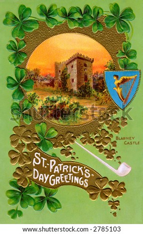 A St. Patrick\'s Day greeting card illustration with Blarney Castle - circa 1910
