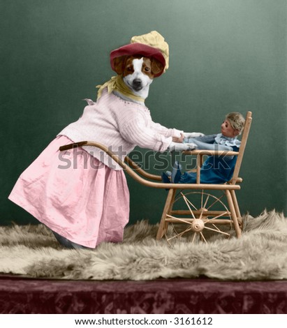 dressed-up dog with doll - circa 1909 vintage hand-tinted photo