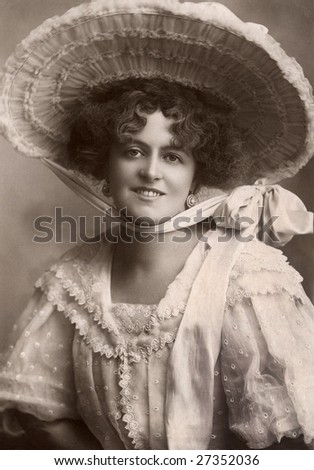 UNKNOWN - CIRCA 1911: An unidentified woman wears a large Easter bonnet in this Victorian Era portrait circa 1911 taken in an unknown location.