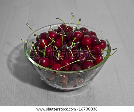 Glass bowl with cherries. Selective focus (middle), shallow DoF, partially desaturated colors