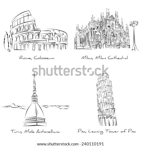 Elegant pen / pencil hand-draw of Italian famous places of interest (Colosseo - Rome, Mole Antonelliana - Turin, Torre di Pisa - Pisa, Duomo di Milano - Milan)