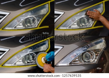 Big headlight cleaning with power buffer machine at service station ,Before and after cleaning