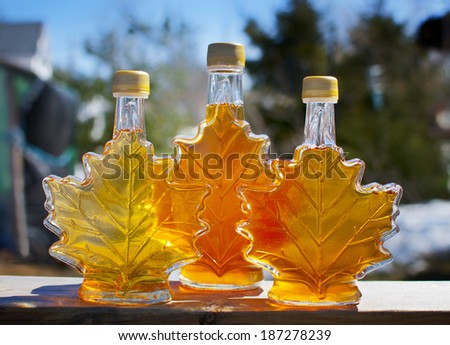 Three bottles of maple syrup made by a backyard hobbyist in Nova Scotia.