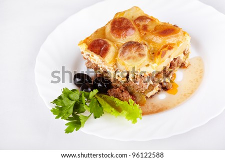 Greek cuisine. Moussaka - casserole of minced meat and vegetables