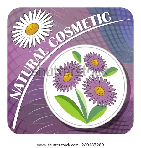 Label for natural cosmetic product with purple and white flower on purple abstract background.