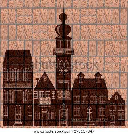 Town silhouette on graphic engraving background. Fantasy old tower, houses.