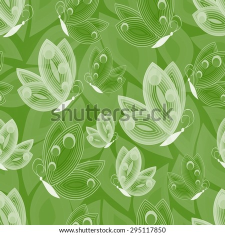 White butterfly outline elements on green background with leafs. Spring or summer wallpaper.