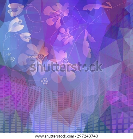 Purple floral motif on polygonal fragmented area blending with a grid.