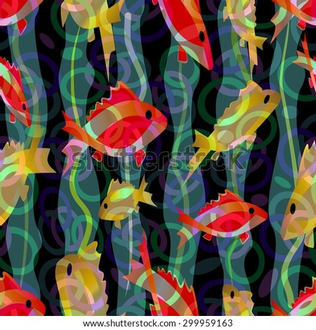 Aquarium with yellow and red neon fishes in modern blend design. Seamless abstract decorative tile.