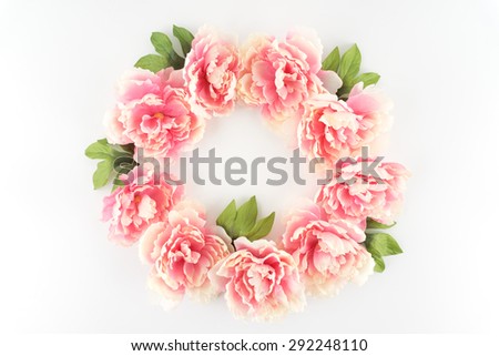 Pink Peony Flower Wreath Circle on a White Styled Desktop  - Silk Artificial Flowers - Crafts