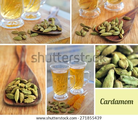 Green cardamom with green tea in glasses cup on the wooden desk