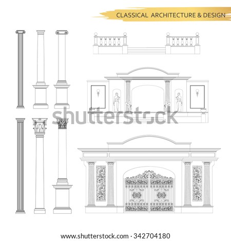 Classical architectural form drawings in set. Vector drawing design elements for classic architecture.