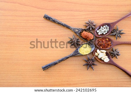 various spices on wooden spoons isolated on wooden background