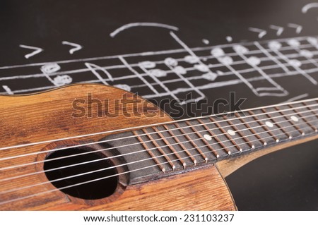 Vintage Guitars on chalkboard with music notes
