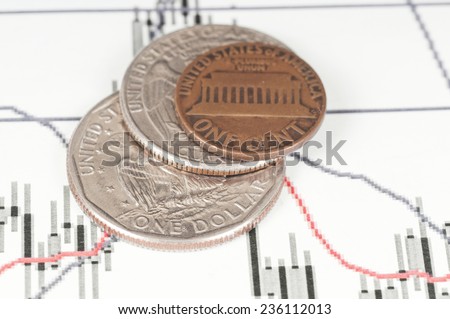 Dollar coin on a graph. Financial up and down trend.