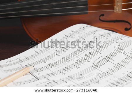 Music notes and violin close up