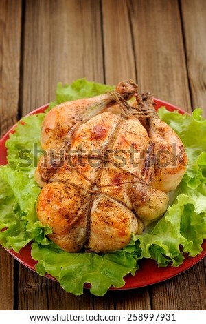 Bondage shibari roasted chicken with salad leaves on red plate on wooden background with space