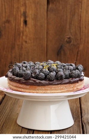 Tasty homemade chocolate pie with ganache, decorated with fresh blackberries, lemon peel and icing sugar in white pedestal on wooden table