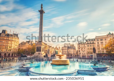 LONDON, TRAFALGAR SQUARE, NOV 18, 2014. Trafalgar Square is a public space and tourist attraction in central London. effect long exposure