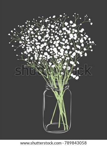 Vector white flowers bouquet. Gypsophila flowers. Transparent clear glass jar. Gray background.