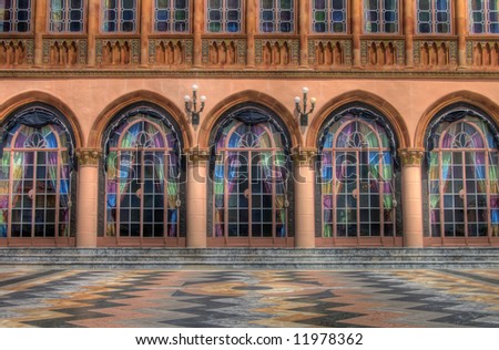 Venetian-style terrace with stained-glass doors