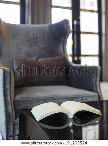 Armchair in living room pillow and book on the table