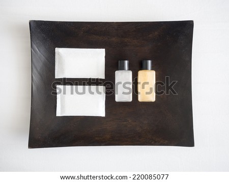 Shampoo  and Soap Toiletry set on Wood Tray Top View