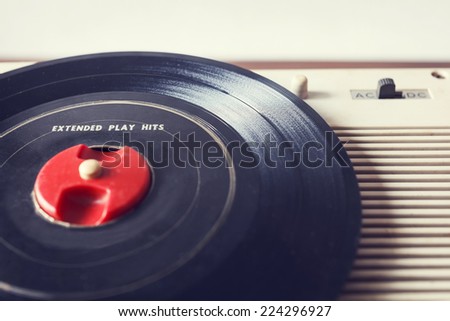 vintage record player with vinyl close up