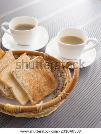 Breakfast toasts and coffee on table breakfast menu set