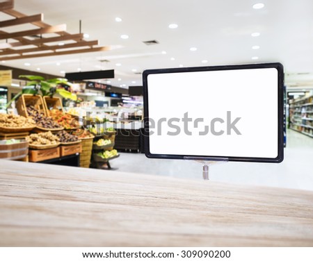 Mock up Blank sign display in supermarket Interior background Retail shopping