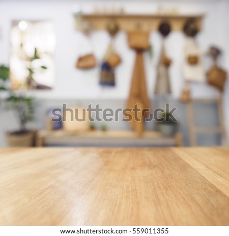 Table top Wooden counter Blurred Kitchen Background Natural Country Cottage style